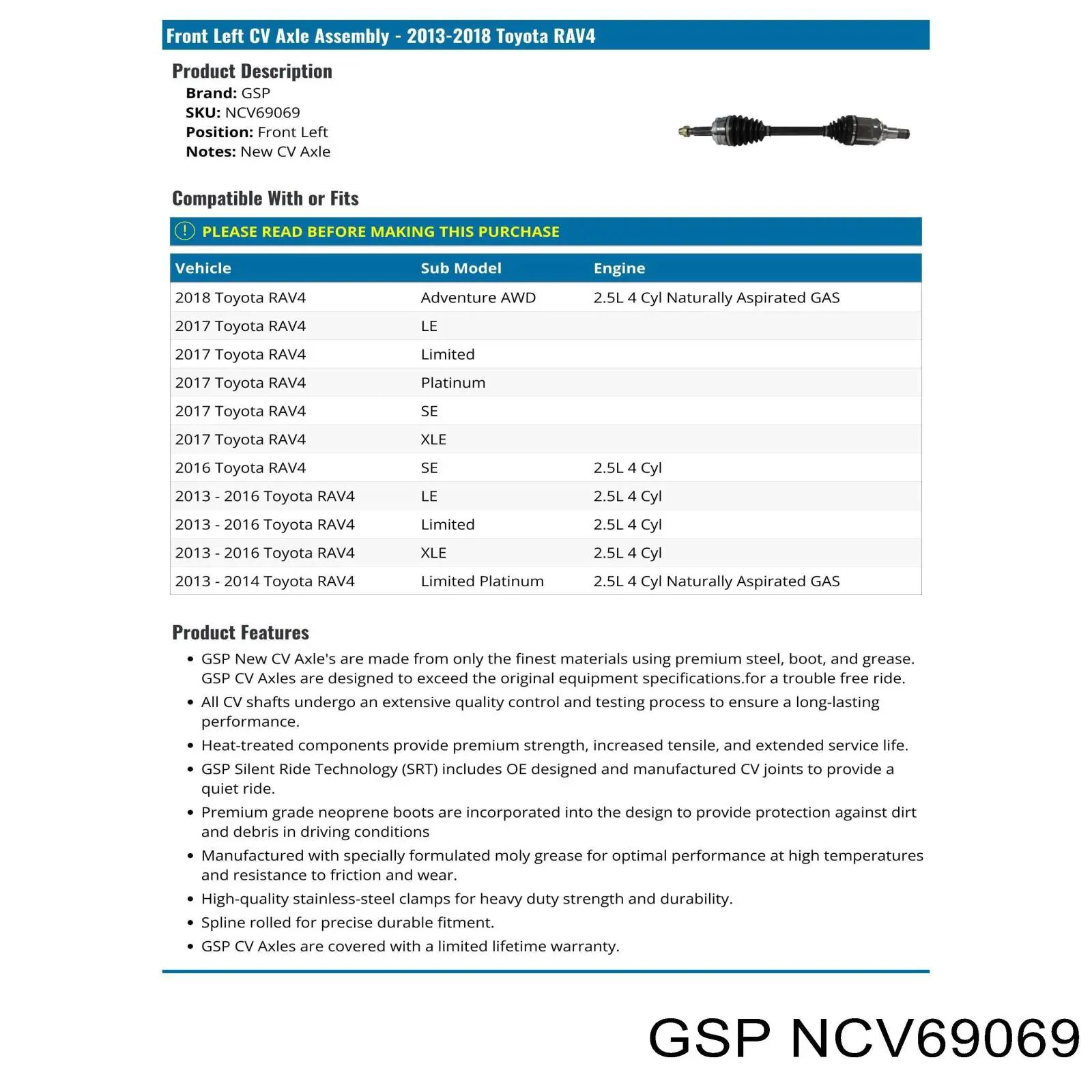 Semieixo (acionador) dianteiro esquerdo GSP NCV69069 preço, a partir de 150,75 USD