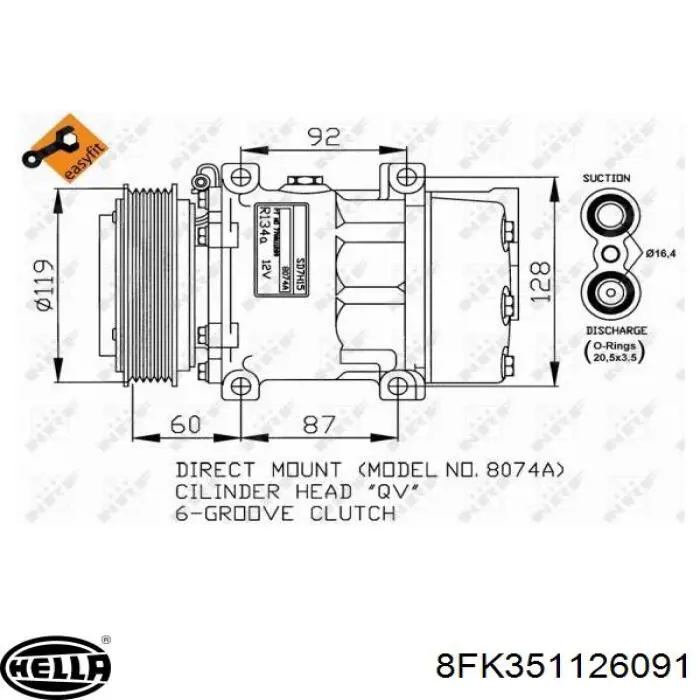 Compressor de aparelho de ar condicionado 8FK351126091 HELLA