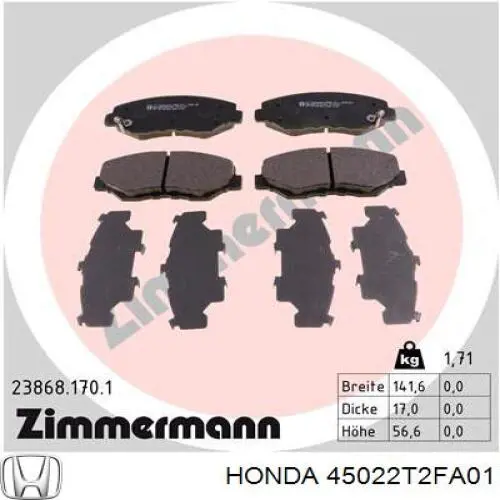 Sapatas do freio dianteiras de disco 45022T2FA01 Honda