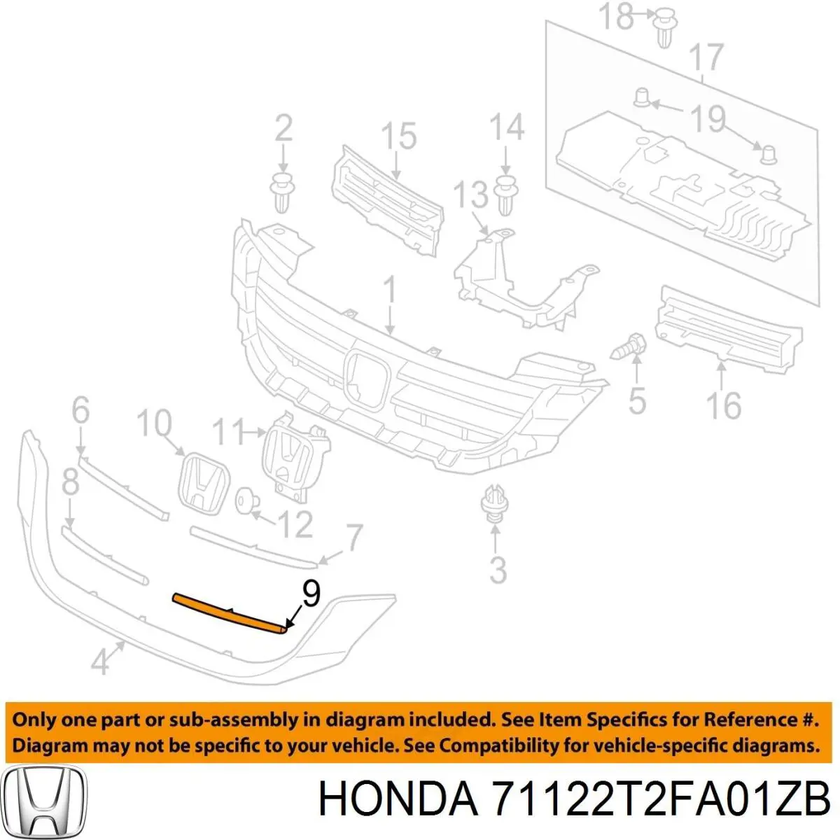 71122T2FA01ZB Honda Moldura de grelha do radiador inferior
