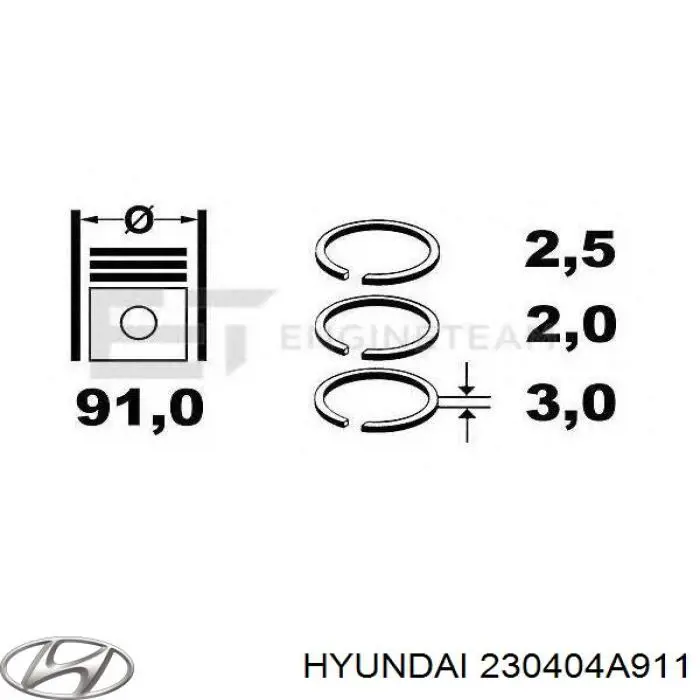 230404A911 Hyundai/Kia Kit de anéis de pistão de motor, 1ª reparação ( + 0,25)