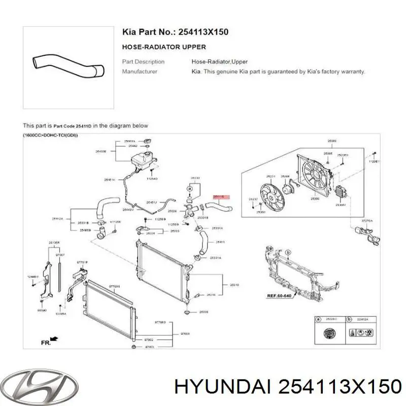 254113X150 Hyundai/Kia Mangueira (cano derivado) do sistema de esfriamento