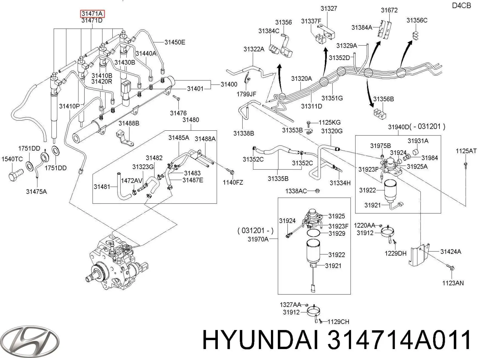 314714A011 Hyundai/Kia Tubo de combustível, inverso desde os injetores