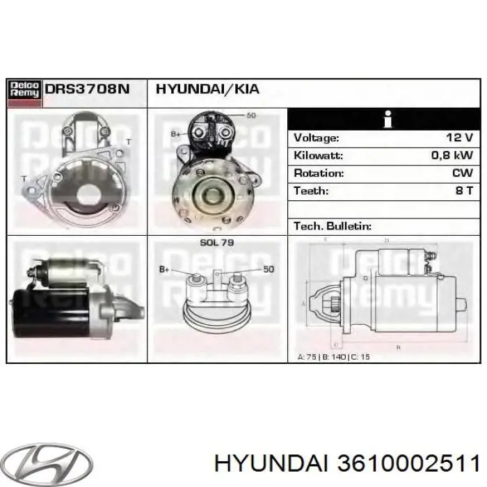 3610002511 Hyundai/Kia Motor de arranco