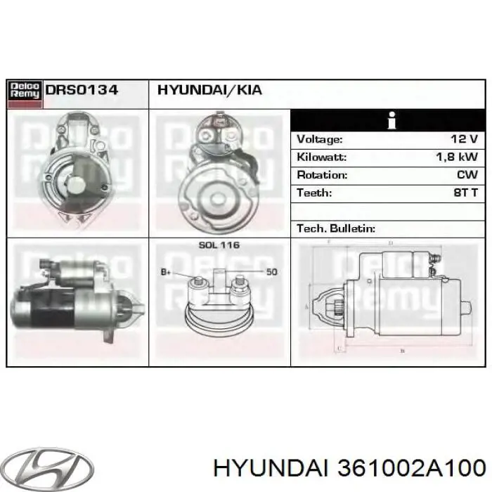 Motor de arranco Hyundai/Kia 361002A100 preço, a partir de 64,75 USD