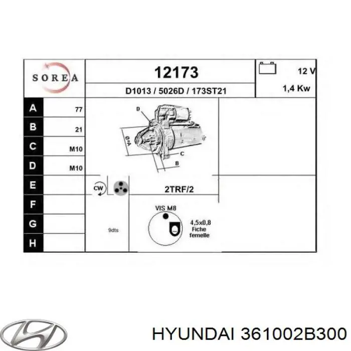 Motor de arranco Hyundai/Kia 361002B300 preço, a partir de 103,86 USD