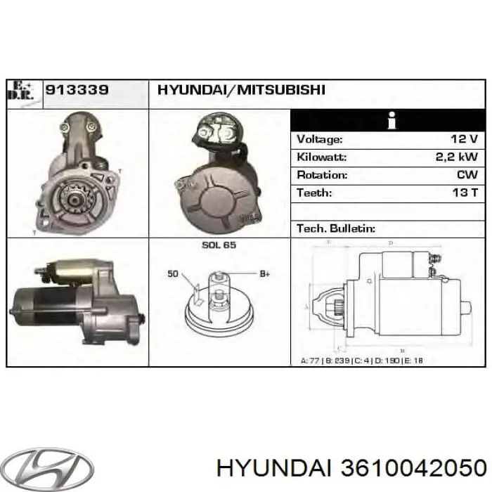 3610042050 Hyundai/Kia Motor de arranco