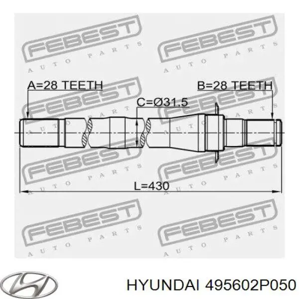 Veio de acionamento do semieixo intermédio Hyundai/Kia 495602P050 preço, a partir de 92,76 USD