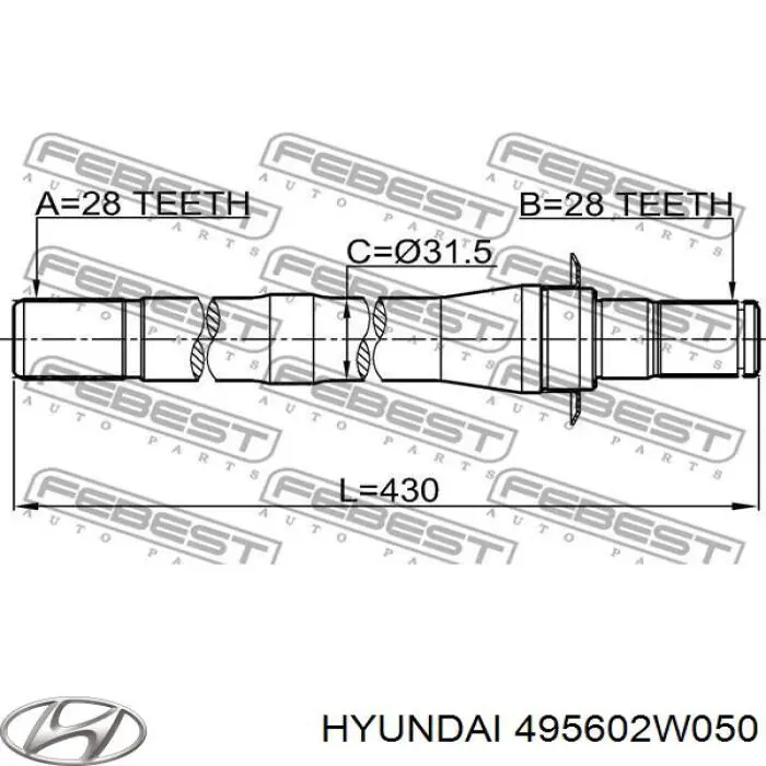 Veio de acionamento do semieixo intermédio Hyundai/Kia 495602W050 preço, a partir de 131,10 USD