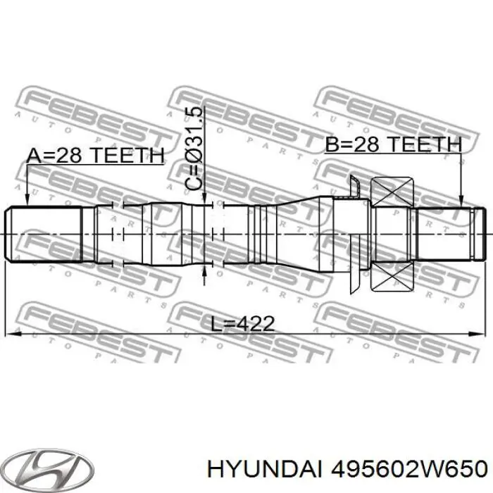 Veio de acionamento do semieixo intermédio 495602W650 Hyundai/Kia