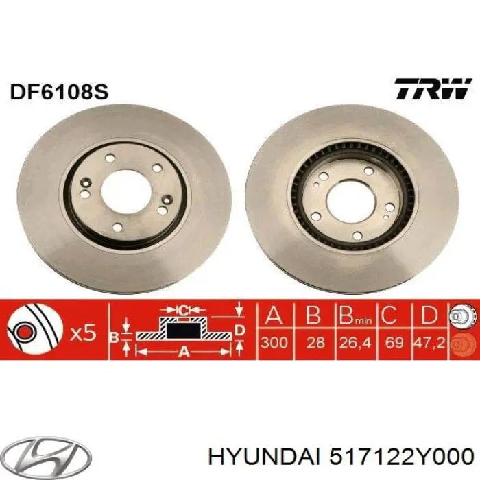 517122Y000 Hyundai/Kia Disco do freio dianteiro