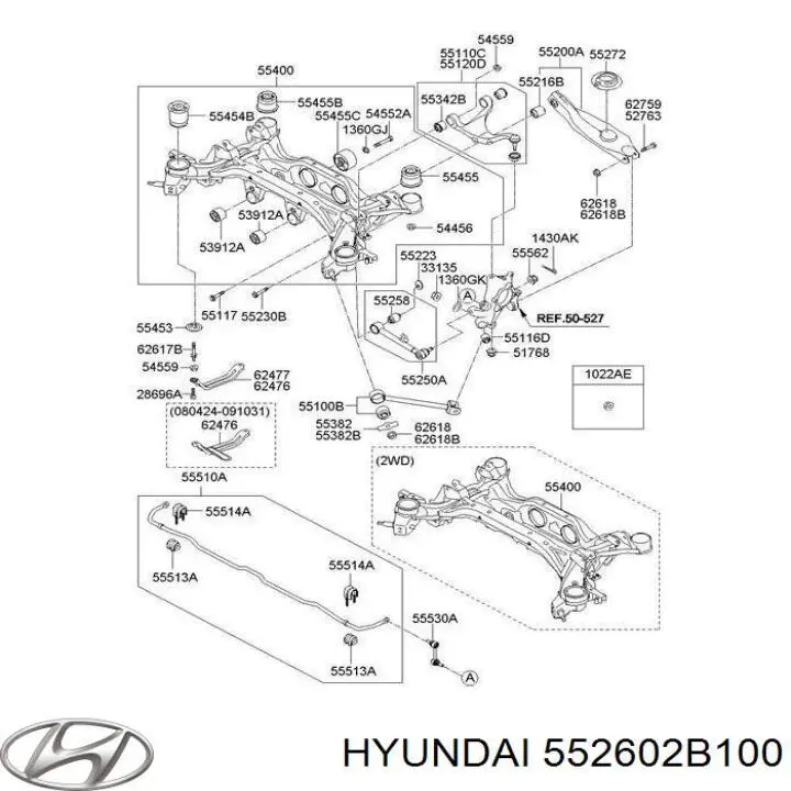 552602B100 Hyundai/Kia Parafuso de fixação do braço oscilante inferior traseiro, interno
