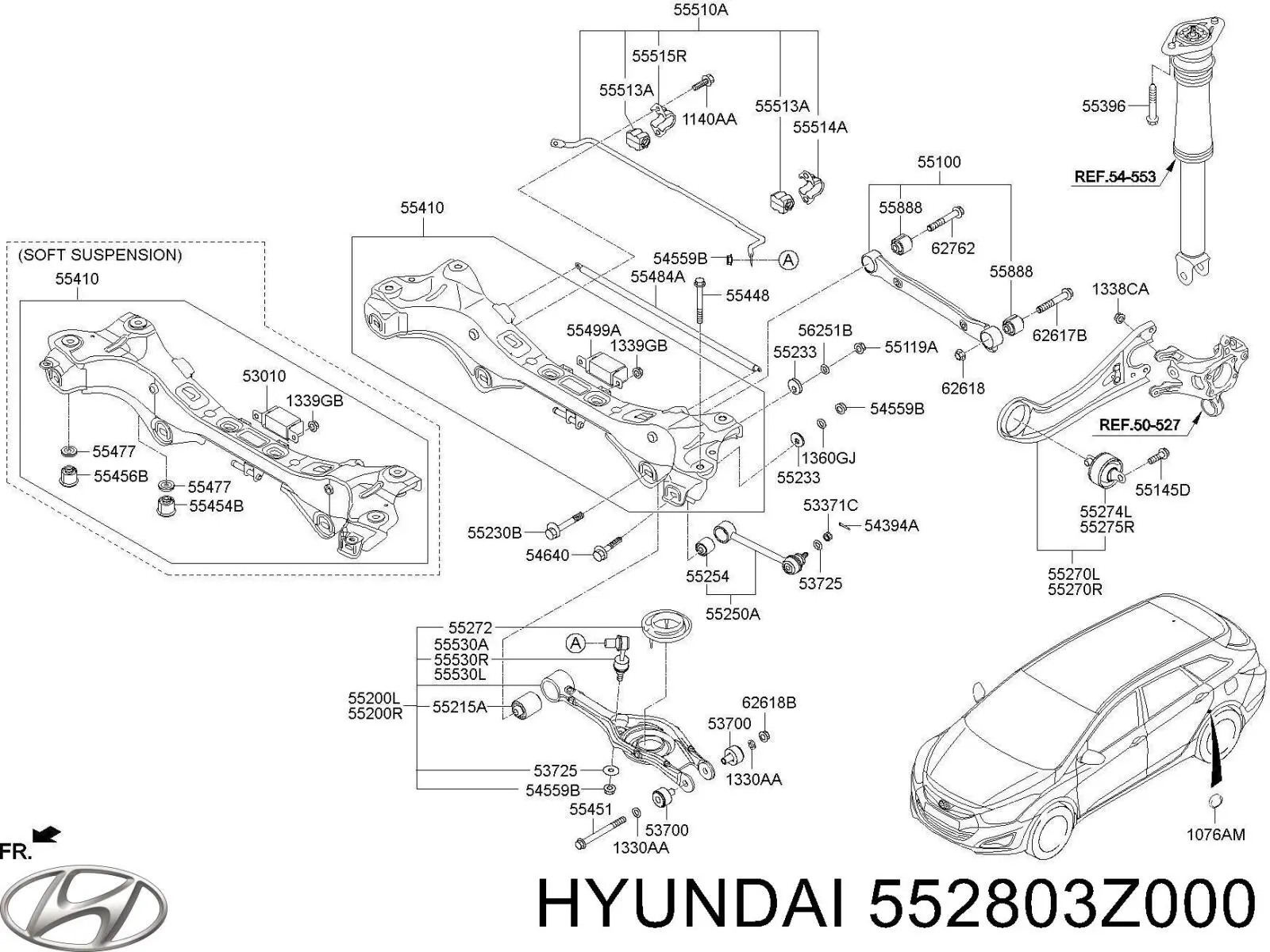 552803Z000 Hyundai/Kia Braço oscilante (tração) longitudinal inferior direito de suspensão traseira