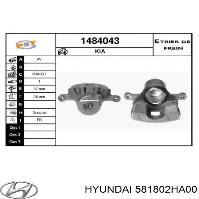 581802HA00 Hyundai/Kia Suporte do freio dianteiro esquerdo