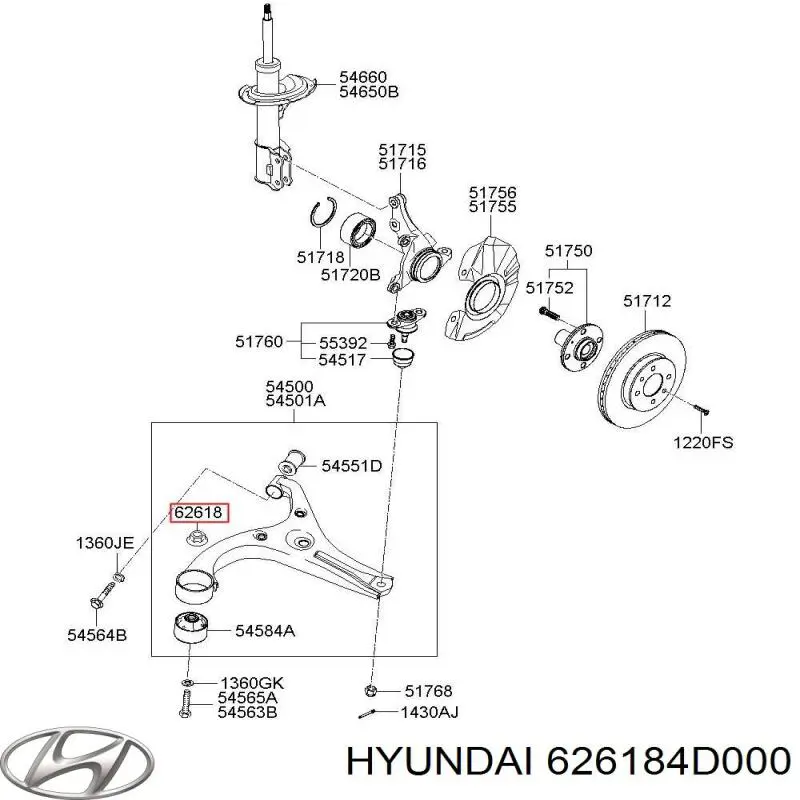 626184D000 Hyundai/Kia Porca de parafuso de fixação de braço oscilante dianteiro inferior