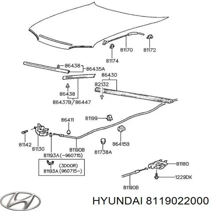 Cabo de abertura da capota Hyundai Accent I sedan (1994 - 2001) I
