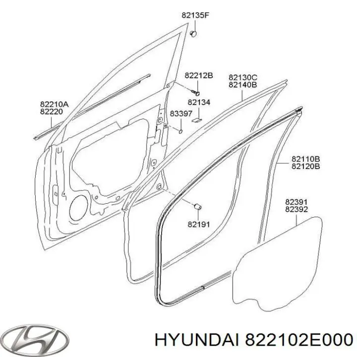 822102E000 Hyundai/Kia Moldura de vidro deslizante da porta dianteira esquerda
