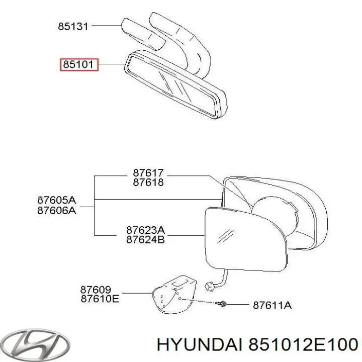 851012E100 Hyundai/Kia Espelho de salão interno
