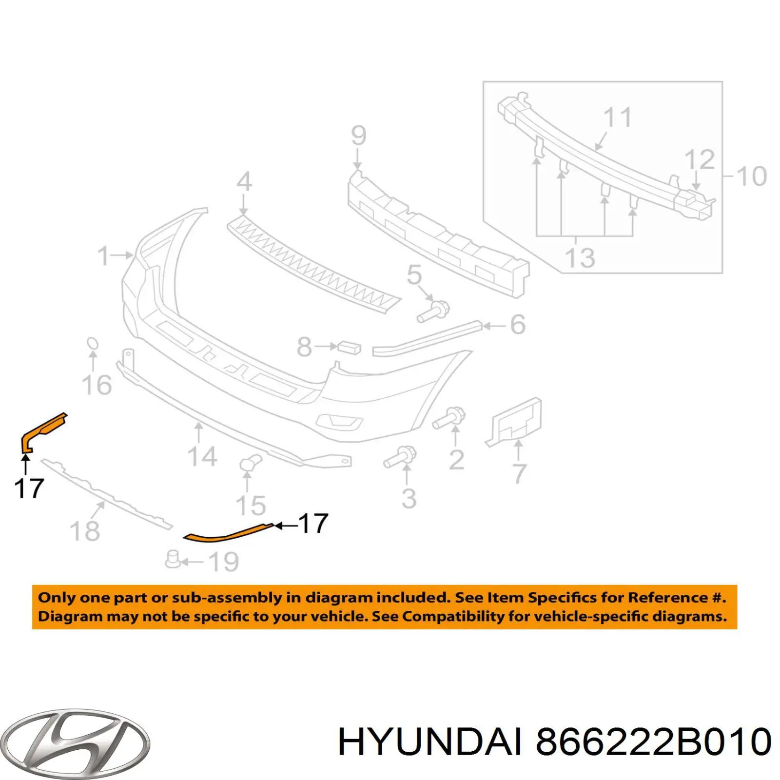 866222B010 Hyundai/Kia Moldura esquerda do pára-choque traseiro