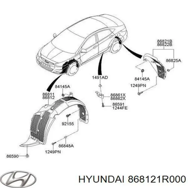 868121R000 Hyundai/Kia Guarda-barras direito do pára-lama dianteiro