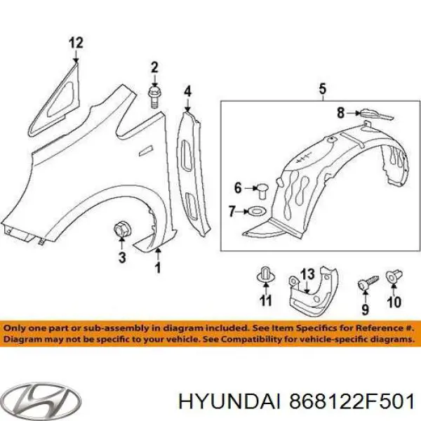 Compre 868122F501 Hyundai/Kia Guarda-barras direito do pára-lama dianteiro