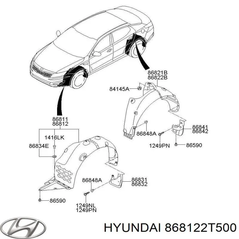 868122T500 Hyundai/Kia Guarda-barras direito do pára-lama dianteiro