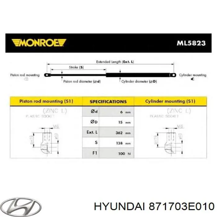Compre 871703E010 Hyundai/Kia Amortecedor de vidro de porta-malas (de 3ª/5ª porta traseira (de tampa de alcapão)