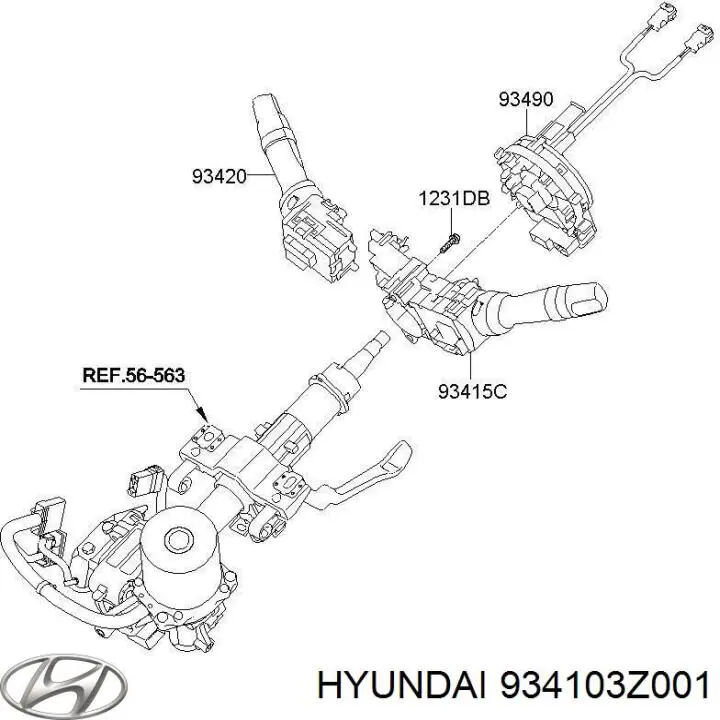 934103Z001 Hyundai/Kia Comutador esquerdo instalado na coluna da direção