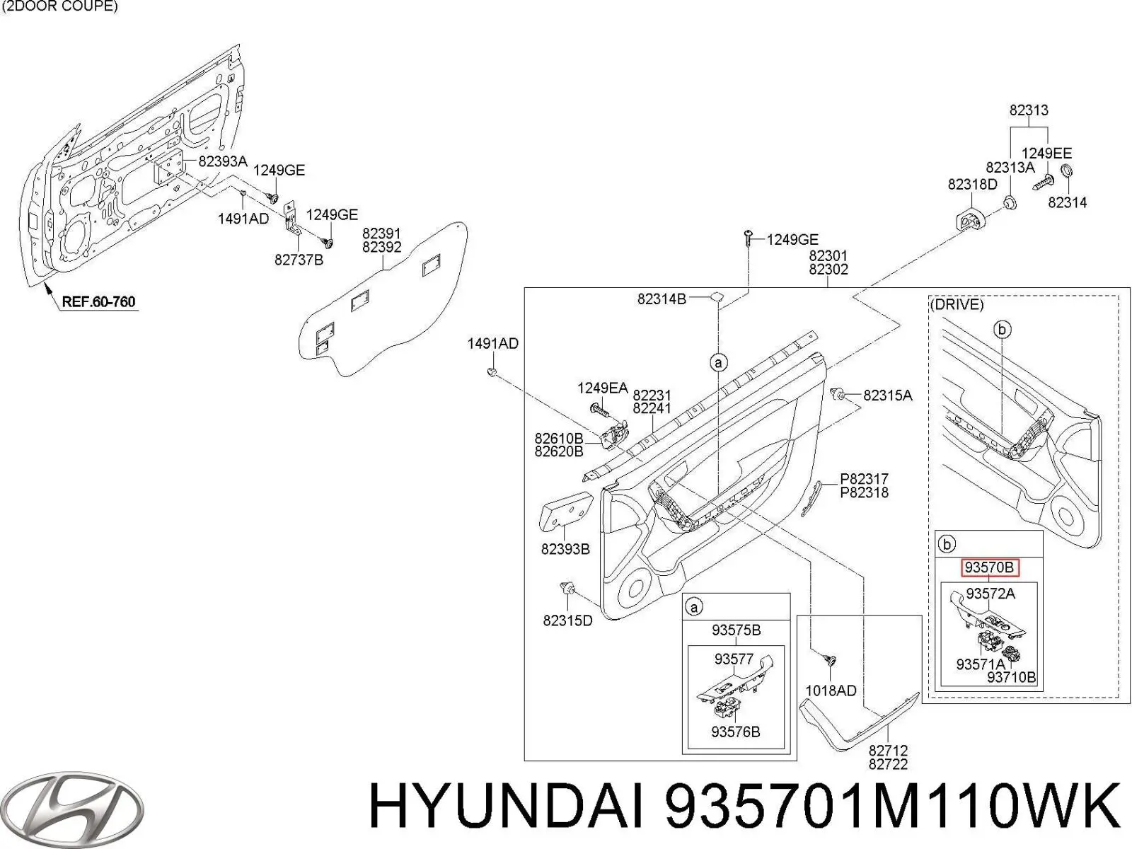 935701M110WK Hyundai/Kia Unidade de botões dianteira esquerda de controlo de elevador de vidro
