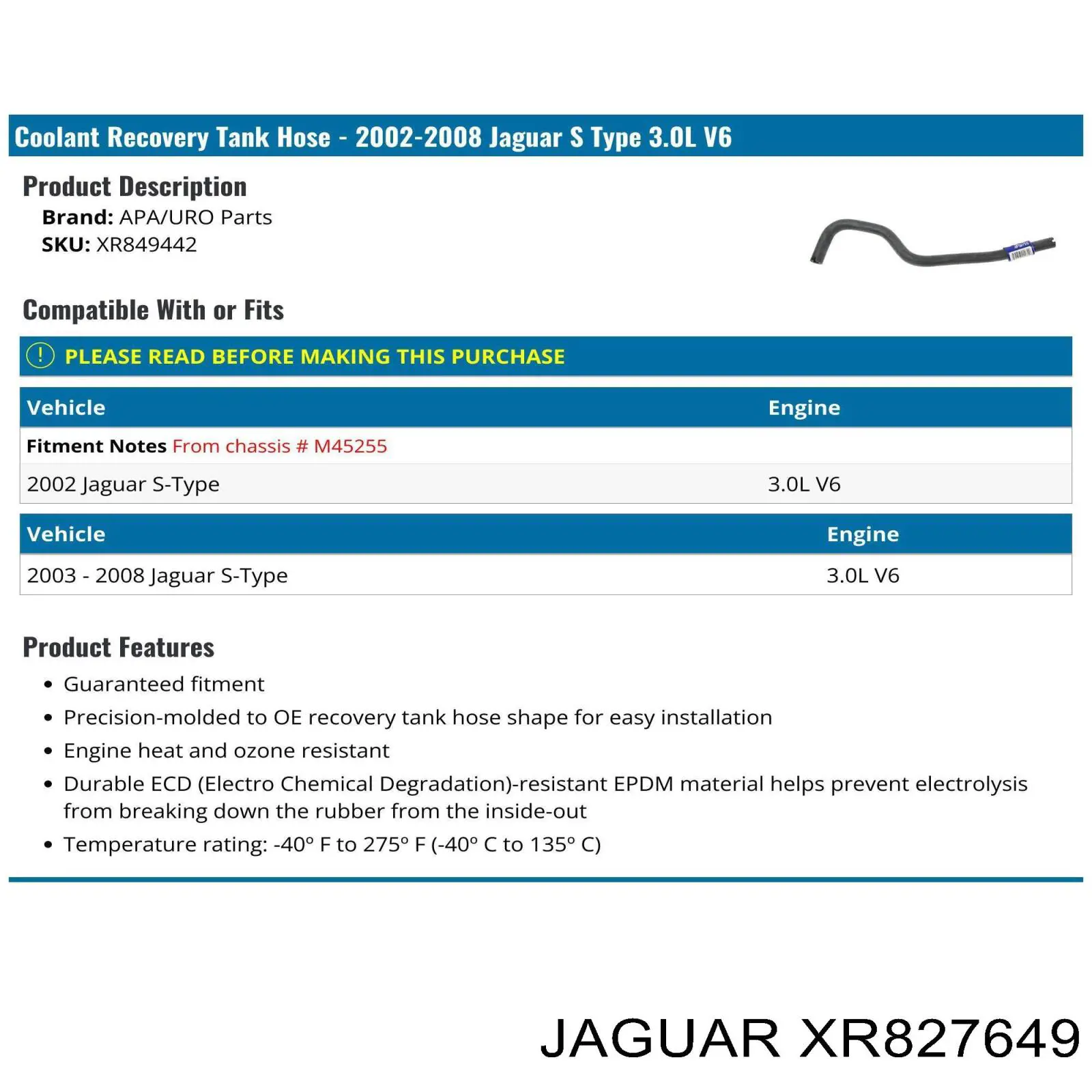 XR827649 Jaguar Mangueira (cano derivado) do radiador de esfriamento superior