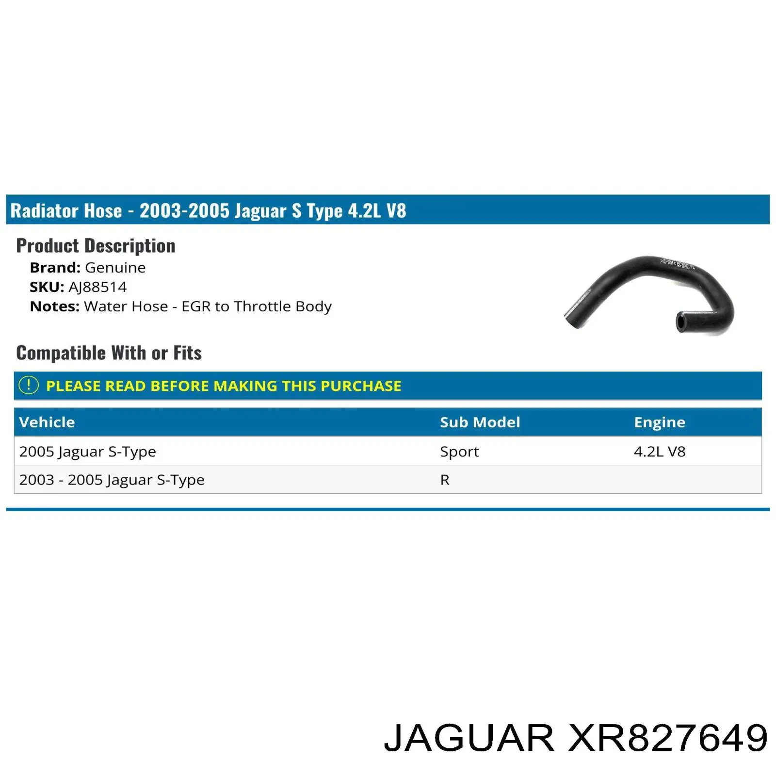 Compre XR827649 Jaguar Mangueira (cano derivado) do radiador de esfriamento superior