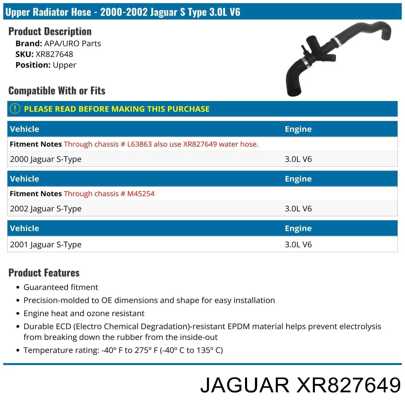 Mangueira (cano derivado) do radiador de esfriamento superior XR827649 Jaguar