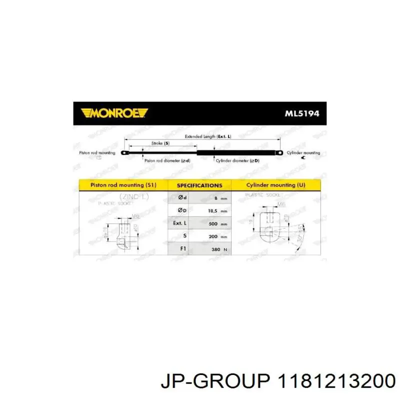 Amortecedor de tampa de porta-malas (de 3ª/5ª porta traseira) JP Group 1181213200 preço, a partir de 13,83 USD