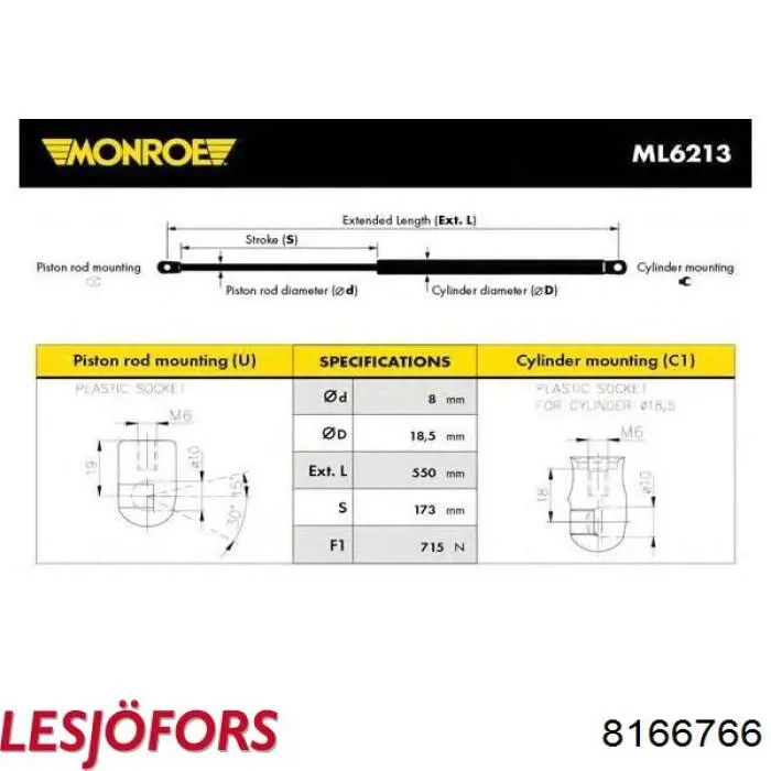 Amortecedor de tampa de porta-malas (de 3ª/5ª porta traseira) Lesjofors 8166766 preço, a partir de 17,41 USD