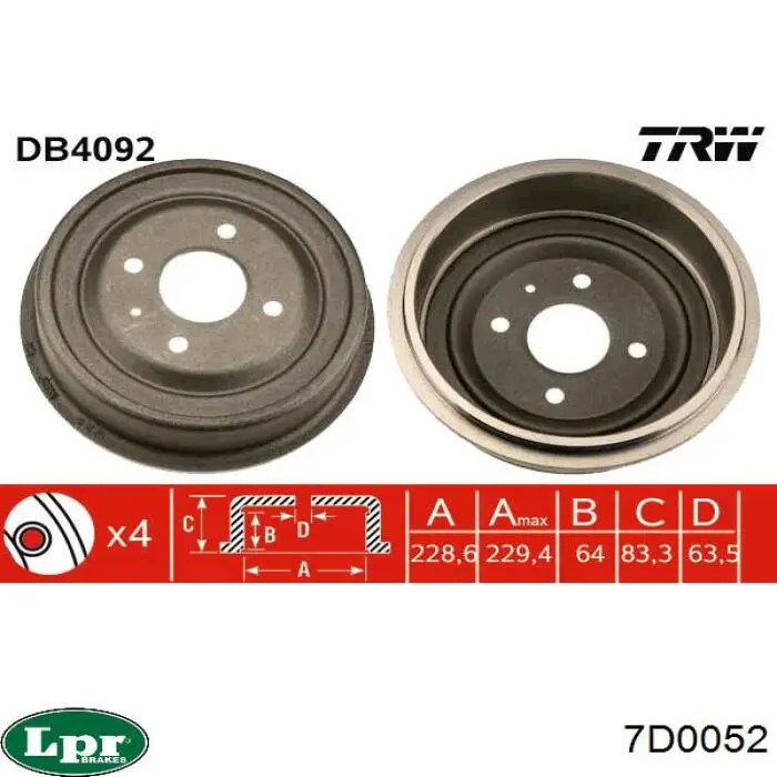 Tambor do freio traseiro LPR 7D0052 preço, a partir de 40,28 USD