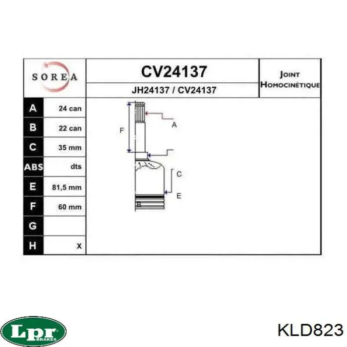 KLD823 LPR Junta homocinética interna dianteira