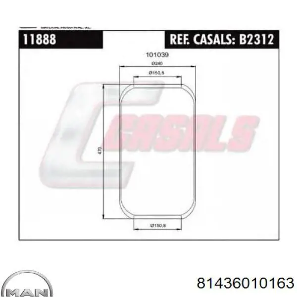 Coxim pneumático (suspensão de lâminas pneumática) do eixo dianteiro 81436010163 MAN