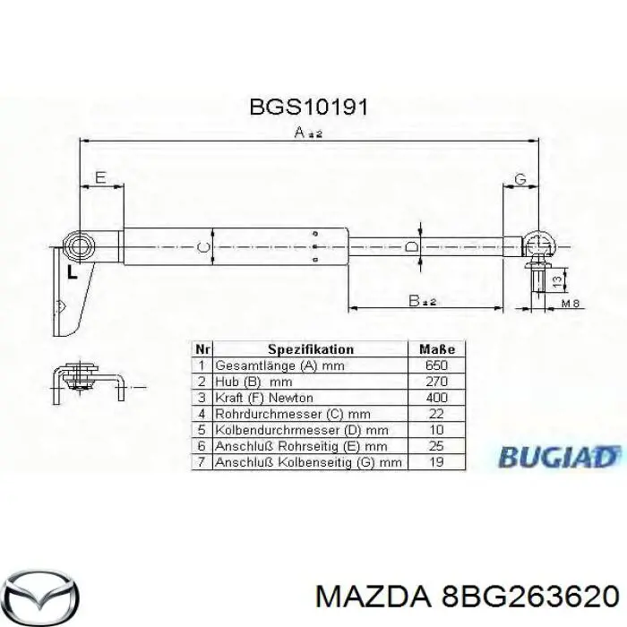 Amortecedor de tampa de porta-malas (de 3ª/5ª porta traseira) Mazda 8BG263620 preço, a partir de 37,11 USD