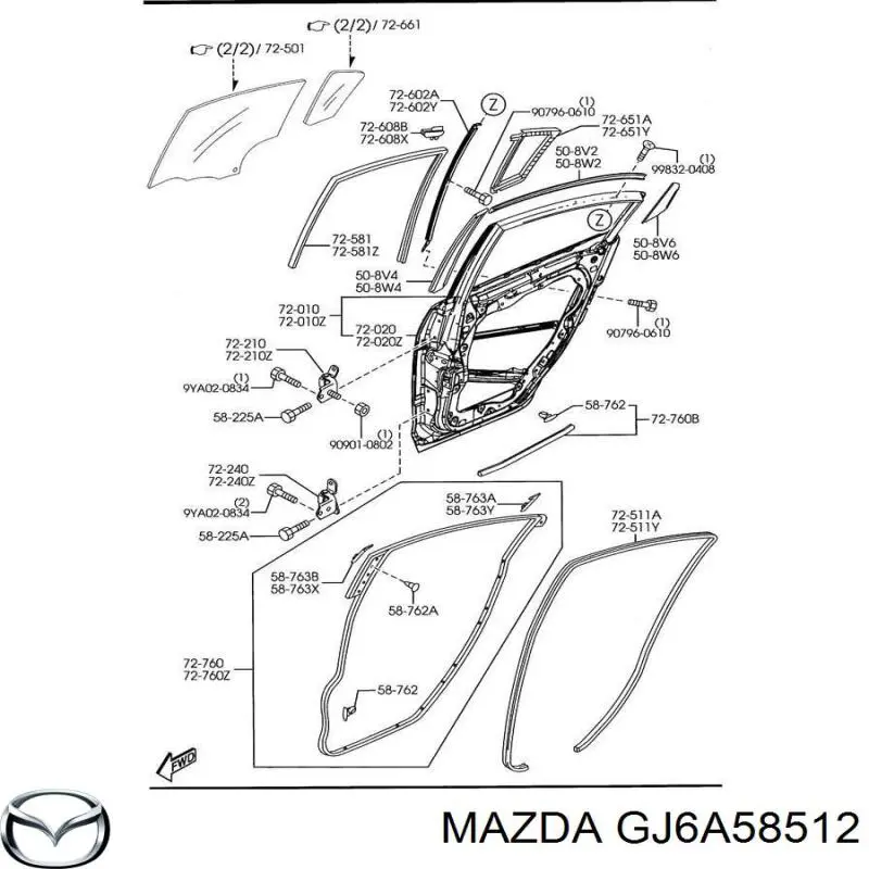 GJ6A58512 Mazda Fixador de vidro lateral
