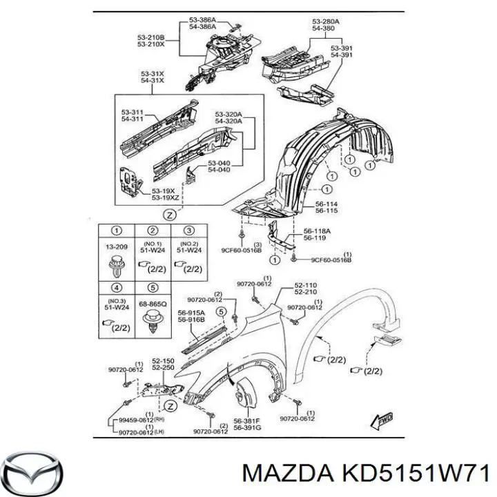 KD5151W71 Mazda Placa sobreposta do pára-lama dianteiro direito