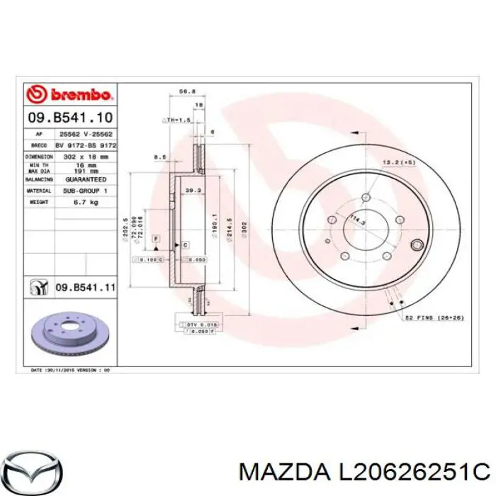 L20626251C Mazda Disco do freio traseiro