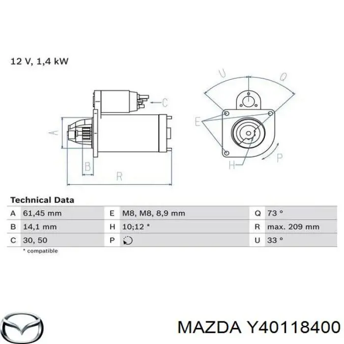 Y40118400 Mazda Motor de arranco