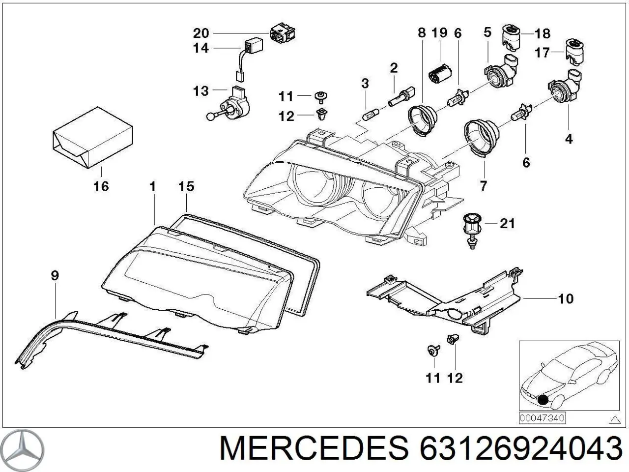 Vidro da luz esquerda 63126924043 Mercedes