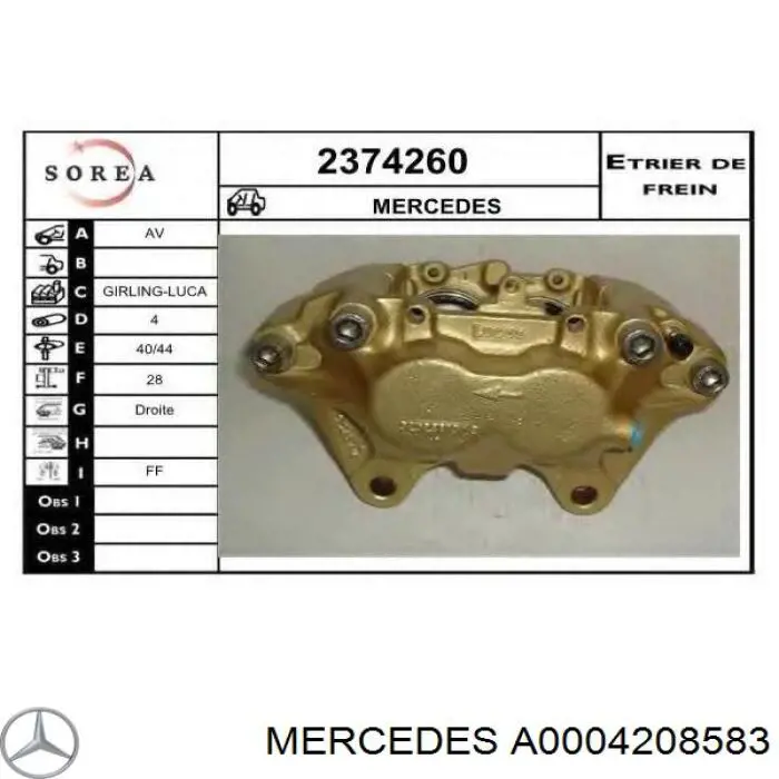 Suporte do freio dianteiro direito Mercedes A0004208583 preço, a partir de 103,86 USD