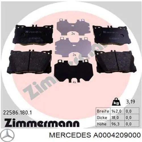 A0004209000 Mercedes Sapatas do freio dianteiras de disco