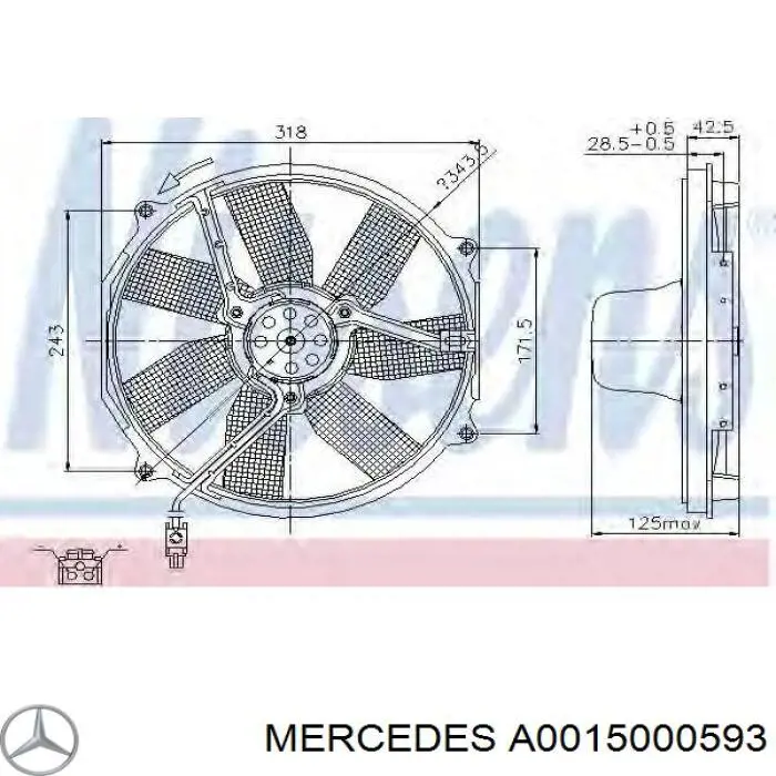 A0015000593 Mercedes Ventilador elétrico de esfriamento montado (motor + roda de aletas)