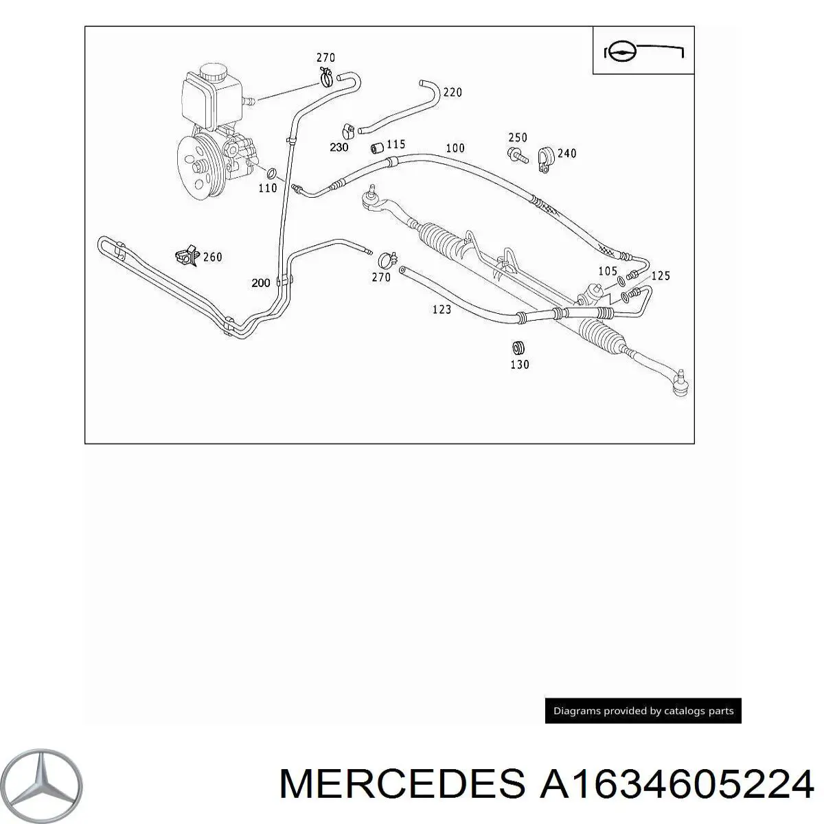 A1634605224 Mercedes Mangueira da Direção hidrâulica assistida de pressão baixa, desde a cremalheira (do mecanismo) até o radiador