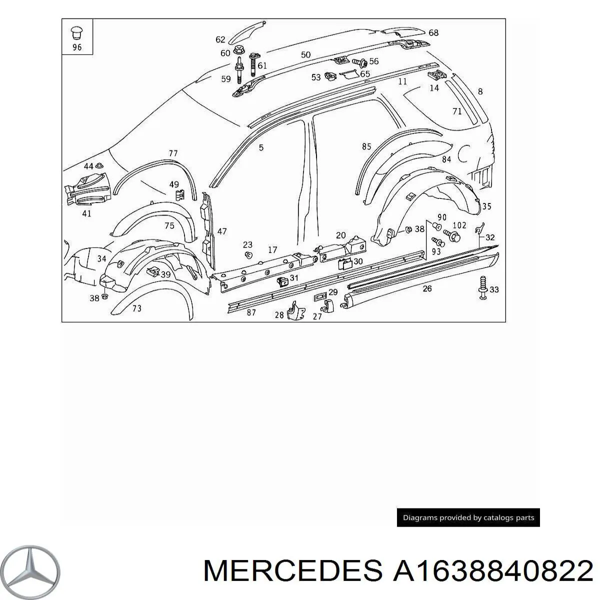 A1638840822 Mercedes Guarda-barras direito do pára-lama dianteiro