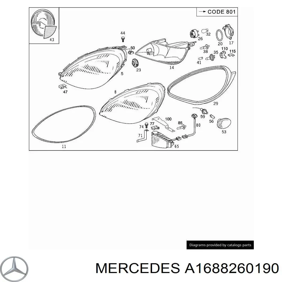 Vidro da luz esquerda Mercedes A1688260190 preço, a partir de 108,44 USD
