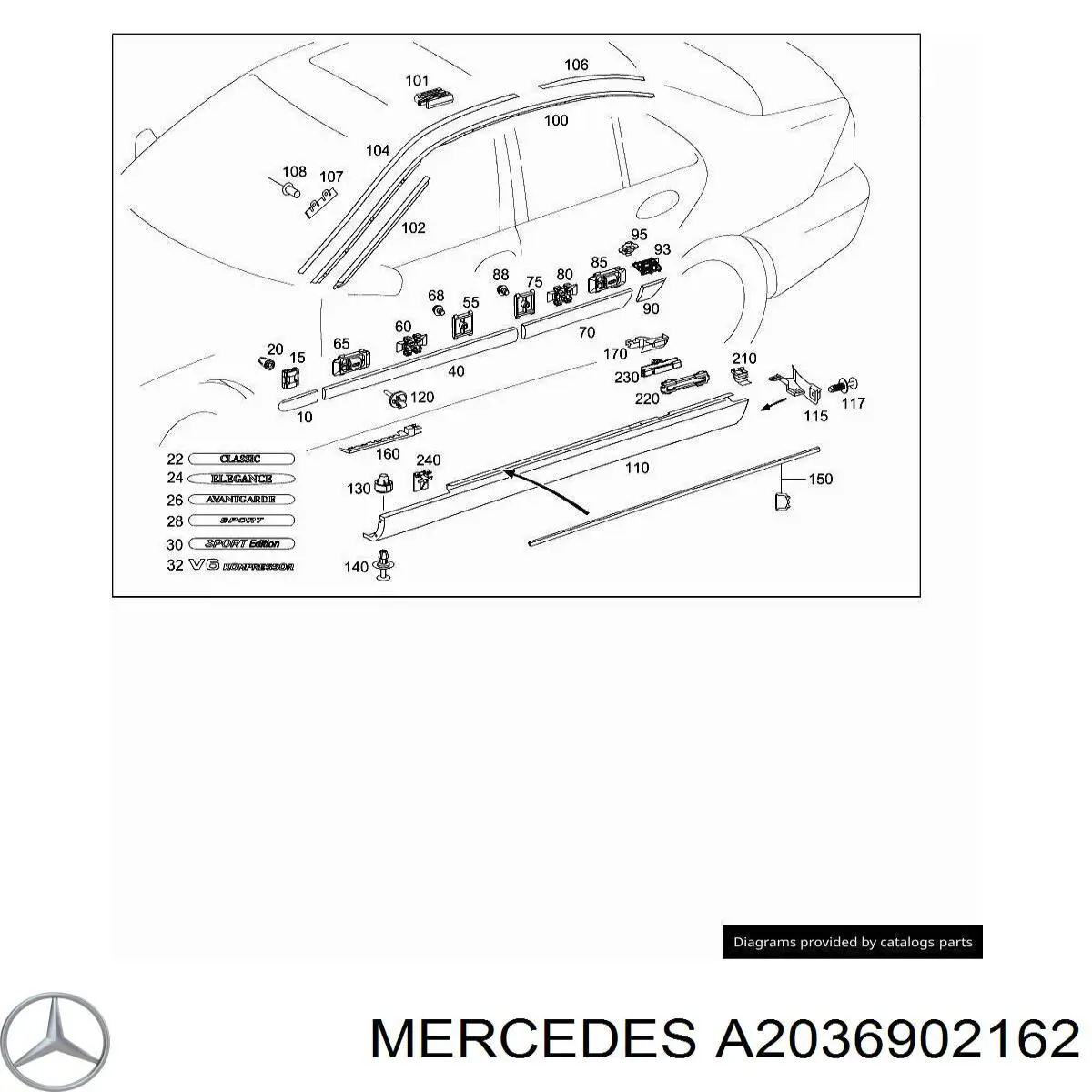 A2036902162 Mercedes Moldura da porta dianteira esquerda